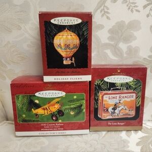 Hallmark Keepsake Ornaments Lot Tin Hot Air Balloon 1930 Biplane Lone Ranger